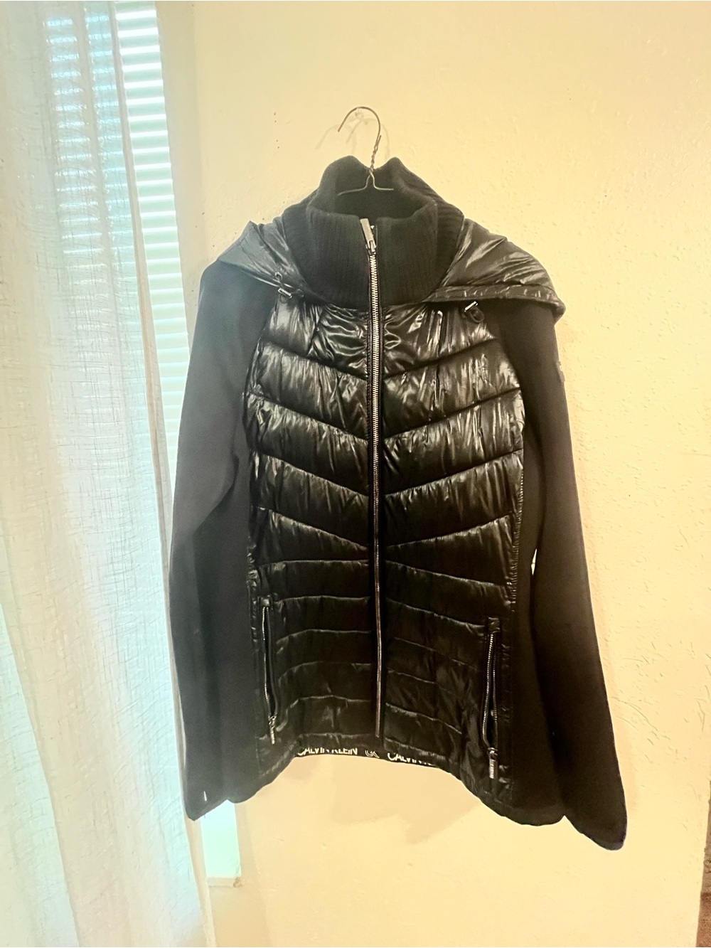 Calvin Klein Black Quilted Puffer Jacket with Knit Sleeves